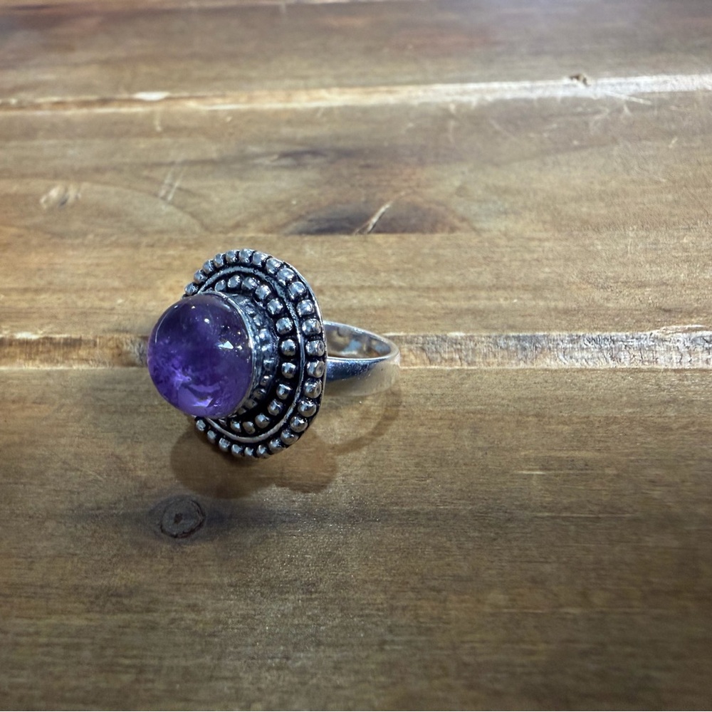 Vintage Style Genuine Amethyst Gemstone Ring Size 5 Silver 925 Plated Bohemian - Picture 3 of 4